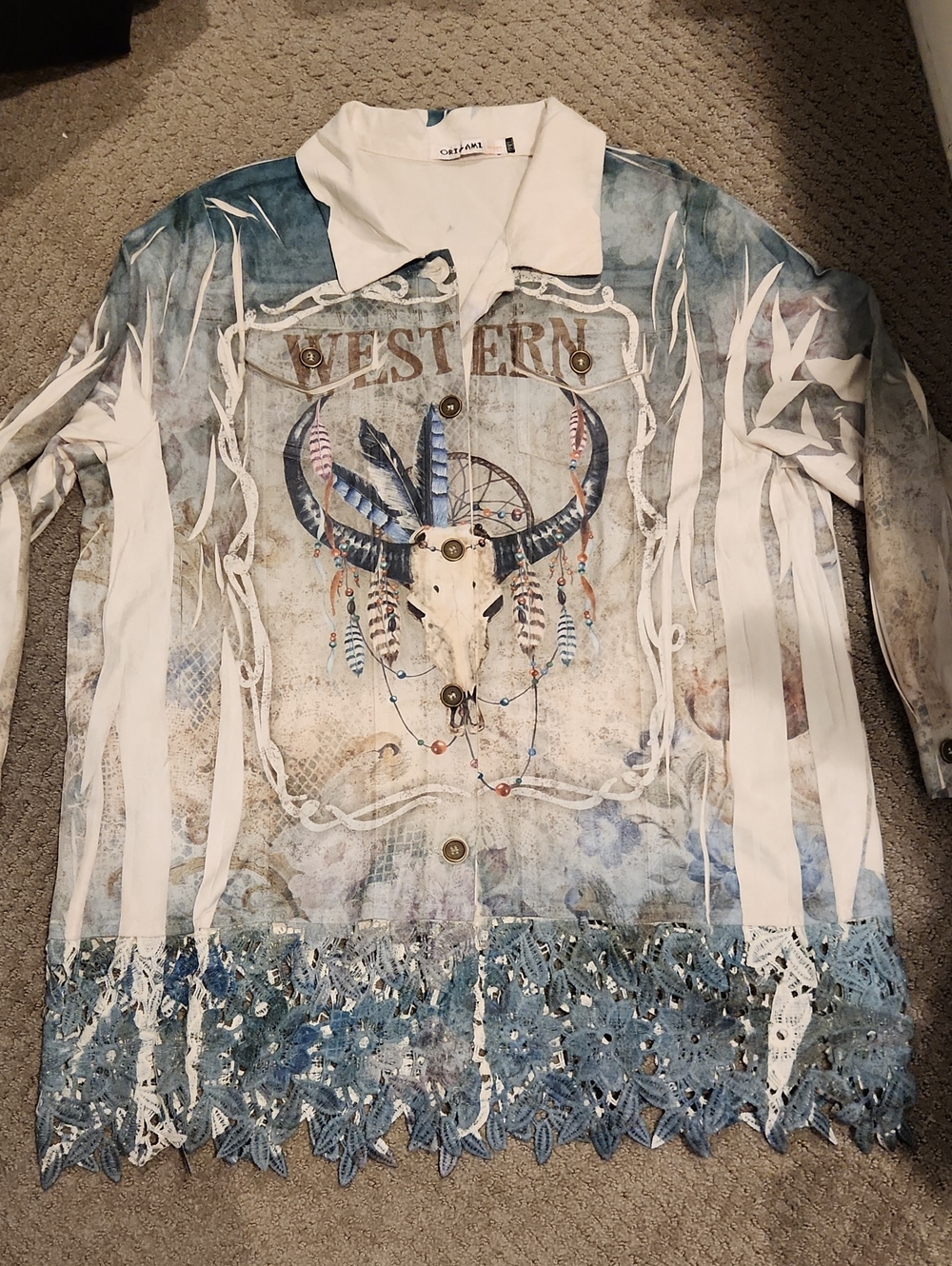 NEW ORIGAMI TEXAS LONGHORN LACE WESTERN Button Down cowgirl tuff 2XL